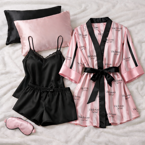 ست تاپ و شلوارک ساتن مشکی زنانه با روبدوشامبر طرح Victoria Secret | تنیسا