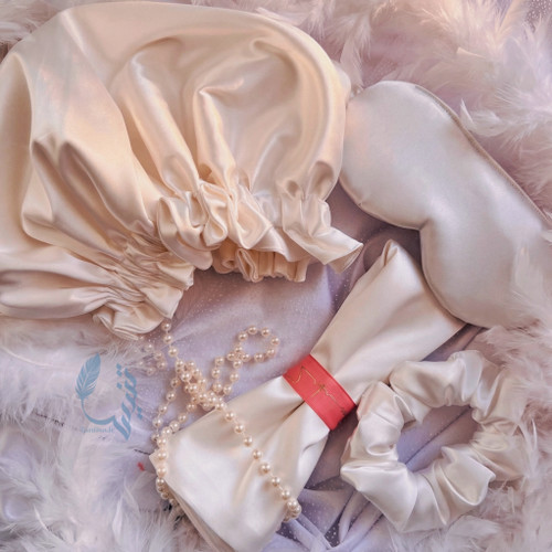 ست شبنم|روبالشتی ،چشم بند،کلاه خواب،اسکرانچی هدیه|ساتن ابریشم ضدتعریق و ضد موخوره